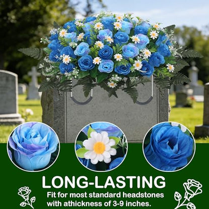Wocst Headstone Flower Saddle,Large Artificial Cemetery Flowers for Grave Artificial Roses Daisy Saddle for Cemetery Headstone (Blue) - color: Blue