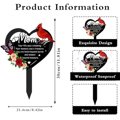 Grave Decorations for Cemetery - Memorial Mom Metal Graves Stakes | Outdoors Heart Cardinals Remembrance Plaque Black Waterproof Flower Graveside Burial Decor Sympathy Gifts for Loss of Mother - style: Mom