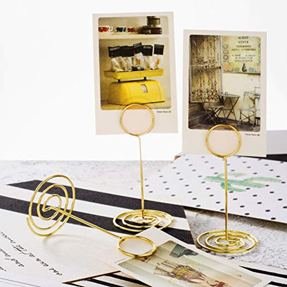 TecUnite 24 pcs 3.35 Inch Picture Clips Table Place Photos Card Holder Gold | number Cards Holds Menus Name, Wedding Reception Birthday Party Centerpieces, Durable Metal Wire,Spiral Base - color: Gold