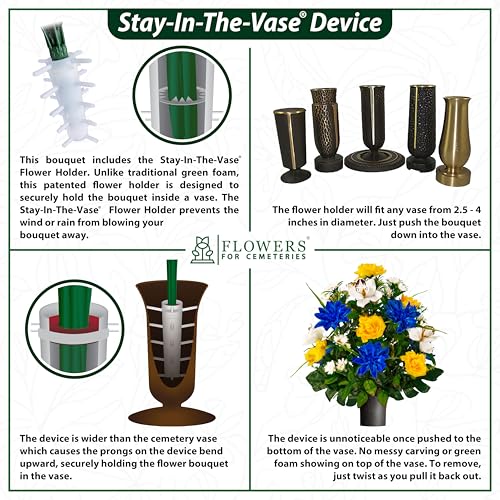 Sympathy Silks - Artificial Flowers for Cemeteries - Fuchsia Mums with Blue Iris - (1) Headstone Saddle (2) Bouquets - size: (1) Saddle (2) Bouquets
