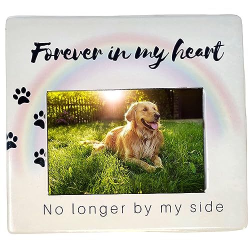 BANBERRY DESIGNS Dog Memorial Picture Frame for the Loss of Pet - Pet Sympathy Gift for Dog Loss - Rainbow Bridge Memorial Frame -No Longer By My Side Forever In My Heart - Photo Opening is 4" X 6"