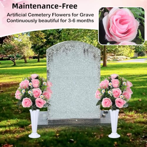 Artificial Cemetery Flowers Set 2PCS Memorial Grave Roses Bouquets with Vases for Outdoor Grave Decor UV Resistant
