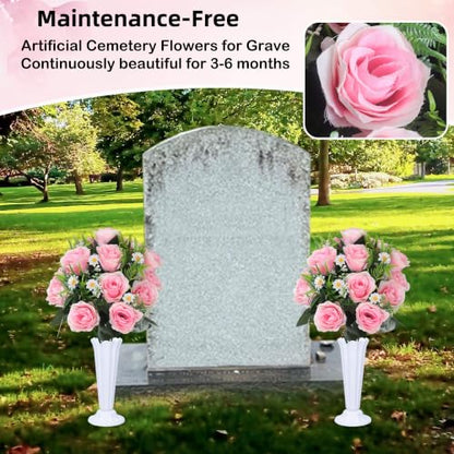Artificial Cemetery Flowers Set 2PCS Memorial Grave Roses Bouquets with Vases for Outdoor Grave Decor UV Resistant