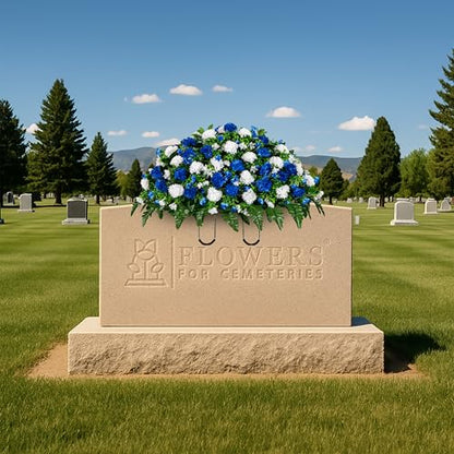 Sympathy Silks Artificial Cemetery Flowers - Gravesite Memorial Arrangment - Blue & White Garden Mums - (1) Headstone Saddle - color: Blue & White, size: (1) Saddle
