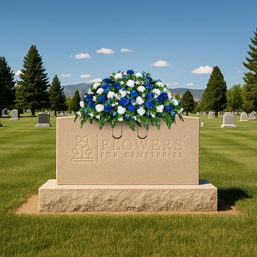 Sympathy Silks Artificial Cemetery Flowers - Gravesite Memorial Arrangment - Blue & White Garden Mums - (1) Headstone Saddle - color: Blue & White, size: (1) Saddle