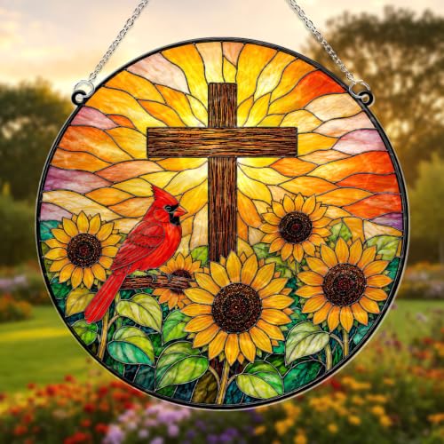 Cardinal with Jesus Cross & Sunflower Memorial Suncatcher, 8" Christian Stained Glass Wavy Acrylic, Sympathy Gift for Loss of Loved One, Mom, Dad, Grandma, Family Member, Religious Gifts for Women - color: Cardinal - Sunflower