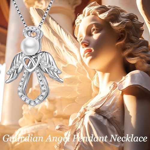 925 Sterling Silver Guardian Angel Pendant Necklace for Women with Birthstone Cubic Zirconia Little Angel Pendant Necklace Jewelry 18 inch Chain - color: 14-pearl-silver