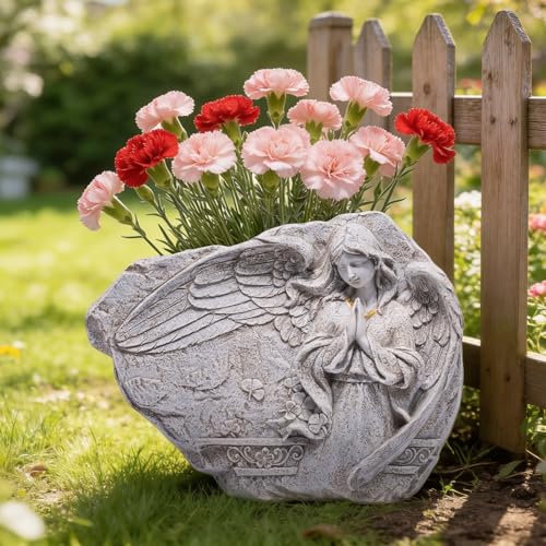 basen Angel Garden Planter Outdoor, Resin Flower Pot with Praying Angel Relief Sculpture, Decorative Planter for Yard Lawn Patio, Stone Style Garden Flower Pot for Plants Succulents Decor - color: Angel Statue With Pot-style 1