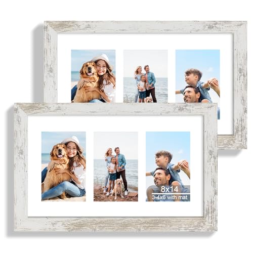 Hongkee 8x14 Picture Frame Set of 2, Collage Three 4x6 with Mat, Real Glass - color: Distressed White, size: 8x14 in matted to 3-4x6