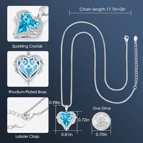 CDE Angel Wings Heart Birthstone Pendant Necklace Gift for Women | Silver/Gold Tone,Ideal Birthday & Anniversary Jewelry Gift for Wife,Girlfriend,Her - color: White-12a-Blue Zircon Birthstone