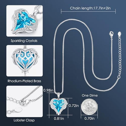 CDE Angel Wings Heart Birthstone Pendant Necklace Gift for Women | Silver/Gold Tone,Ideal Birthday & Anniversary Jewelry Gift for Wife,Girlfriend,Her - color: White-12a-Blue Zircon Birthstone
