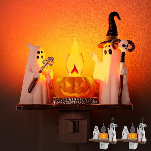 Briignite Ghost Campfire Night Light[2 Pack], Flickering Night Light | Cute Halloween Night Light for kids, Plug in Ghost Nightlight with 360° Rotatable for Halloween Decorations - color: Amber-Crutch Ghost, size: 2 Pack