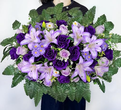 MUVIC Artificial Cemetery Flower for Grave,Headstone Flower Saddle -Purple Lily Rose Daisy, Easy Fit