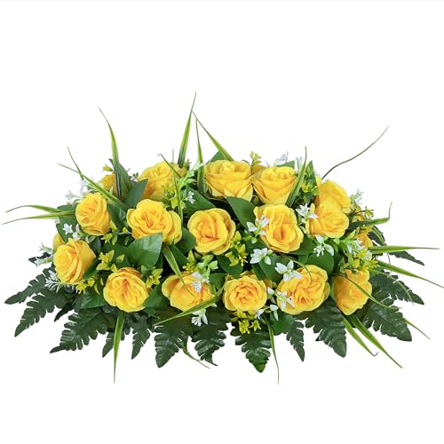 DONODA Cemetery Tombstone Flower Saddle - Outdoor Grave Decorations - Non-Bleed Colors, Rose Combination Flower (Yellow Saddle) - color: Yellow Saddle