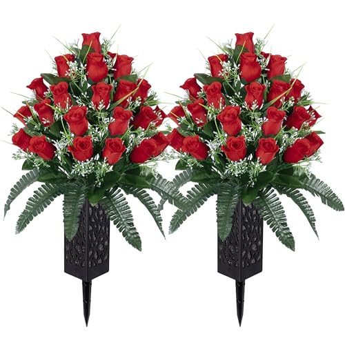 LVXINLI 2 Sets Artificial Cemetery Flowers,Outdoor Grave Decorations Roses,Beautiful Arrangements Bouquet with Cemetery Vase,Lasting and Non-Bleed Colors (Red) - color: Red