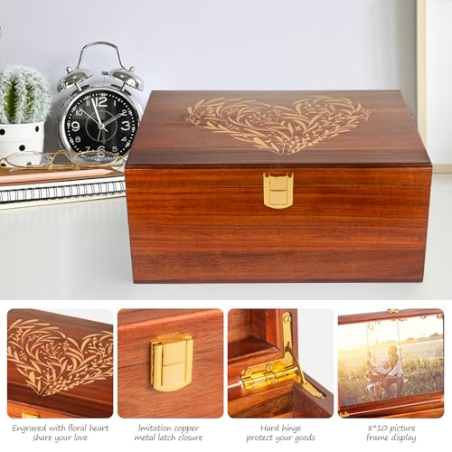 Larger Wooden Memory Keepsake Boxes With Hinged Lids and a photo frame inside the lid - Decorative Storage Box With a Hinge Lids For Picture Letter Time Capsule - 5.3“*8.6”*11.7“- Acacia