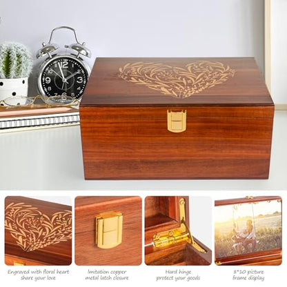 Larger Wooden Memory Keepsake Boxes With Hinged Lids and a photo frame inside the lid - Decorative Storage Box With a Hinge Lids For Picture Letter Time Capsule - 5.3“*8.6”*11.7“- Acacia