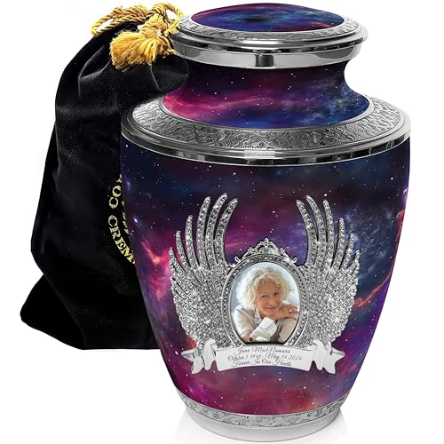 Cosmic Galaxy Cremation Urns for Human Ashes Adult Female Urns for Ashes | Large Galaxy Cremation Urn for Ashes Adult Female & Male, Metal, Threaded Lid, Felt Bottom - color: Interstellar Nebula - Engraved Angel, size: Large