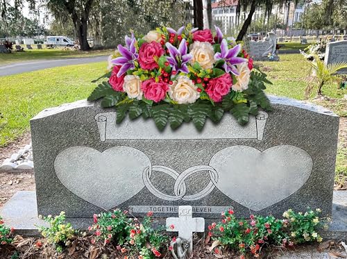 LVXINLI Cemetery Headstone Flower Saddle -Outdoor Grave Decorations ，Mixed of Artificial Silk Rose and Lily for Tombstones (red, Saddle)
