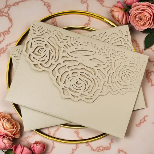 Laser Cutting Invitation Card Greeting Card Graduation Party Rose Flower Wedding Birthday Party Invitations Invitation Pocket With Envelope (Champagne Gold) | Laser-cut rose flower glitter cards for graduation, wedding, birthday, or party. Includes 20 poc