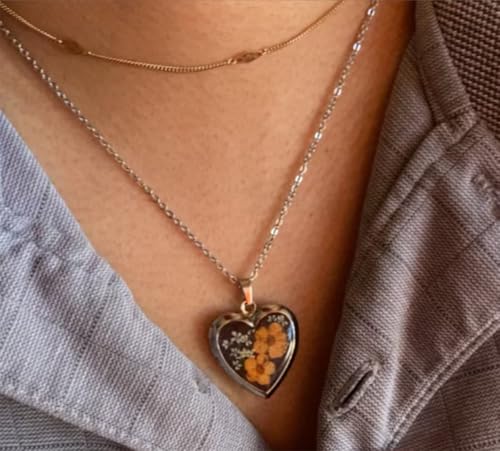 Handmade Heart Shaped Dried Pressed Forget Me Not Flower Photo Locket Pendant Necklace - color: Gold, style: ORANGE+BROWN