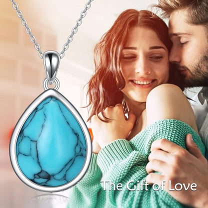CRMAD Larimar/Opal/Lapis Lazuli/Tourmaline/Malachite/Labradorite/Turquoise/Onyx/Rose Quartz/Amber/Peridot Necklace for Women 925 Sterling Silver Teardrop Pendant Jewelry Gifts - color: Turquoise