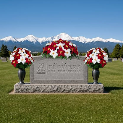 Sympathy Silks Artificial Cemetery Flowers - Gravesite Memorial Arrangment - Red & White Poinsettia - (1) Saddle (2) Bouquets - color: Red & White, size: (1) Saddle (2) Bouquets