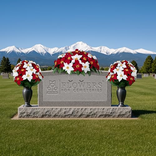 Artificial Cemetery Flowers - Gravesite Memorial Arrangment - Red & White Poinsettia - (1) Saddle (2) Bouquets - color: Red & White, size: (1) Saddle (2) Bouquets
