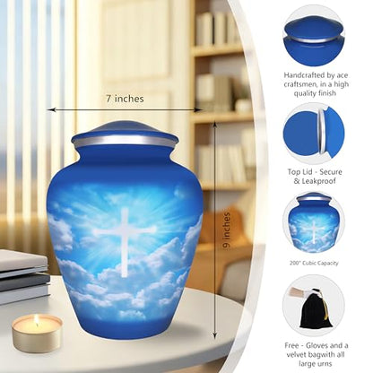 M MEILINXU Blue Sky Christian Cross Urns for Human Ashes Adult Man, Large - color: Blue