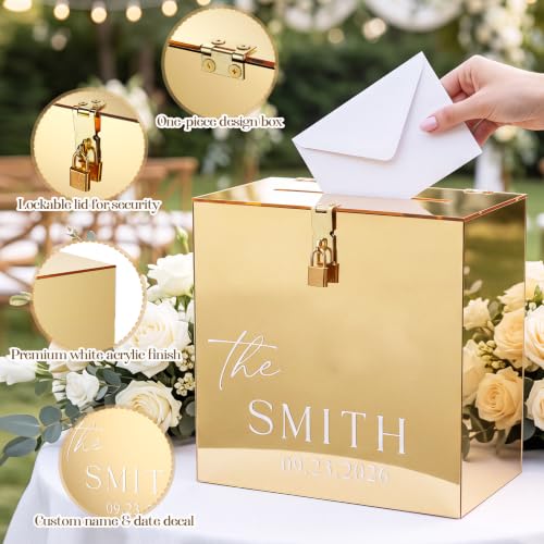 Novabright 10 Inches Wedding Acrylic Card Box with Slot Lock and Last Name Transfers Money Box for Bridal Shower Wedding, Baby Shower Birthday Party, No Assembly Needed(Gold,Classic Style) - color: Gold, style: Classic Style