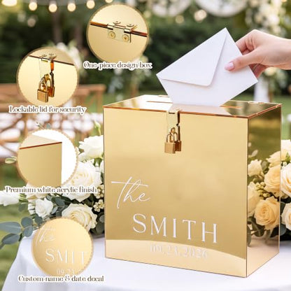 Novabright 10 Inches Wedding Acrylic Card Box with Slot Lock and Last Name Transfers Money Box for Bridal Shower Wedding, Baby Shower Birthday Party, No Assembly Needed(Gold,Classic Style) - color: Gold, style: Classic Style