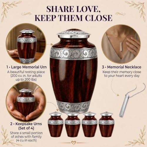 Set of 6 Custom Engraved Wooden Grain Cremation Urns for Human Ashes Adult Male & Female - Includes 1 Large Wooden Grain Urn with 4 Small Keepsakes & 1 Silver NecklaceUrn - color: Wooden Grain - Custom Strandard Set