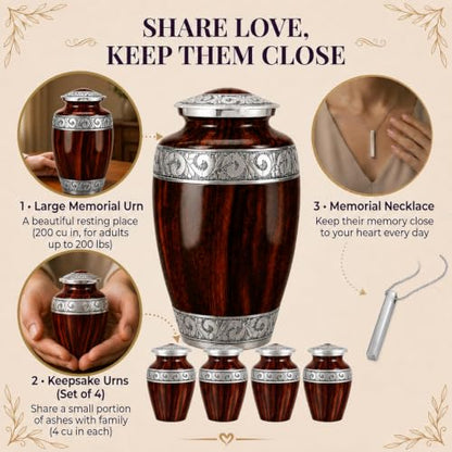 Set of 6 Custom Engraved Wooden Grain Cremation Urns for Human Ashes Adult Male & Female - Includes 1 Large Wooden Grain Urn with 4 Small Keepsakes & 1 Silver NecklaceUrn - color: Wooden Grain - Custom Strandard Set