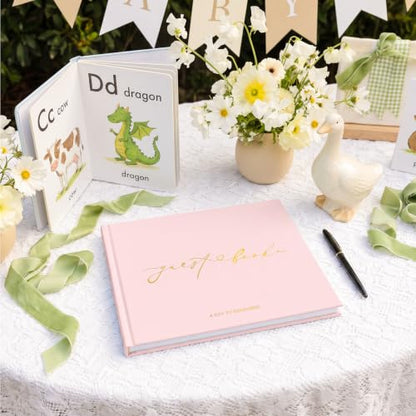 Wedding Guest Book, Polaroid Photo Guestbook for Baby Shower, Blank Pages | Table Sign Included, Gold Stamping, Hardcover, 9x7.5", Perfect for Bridal Party & Baby Shower, Pink - color: Pink