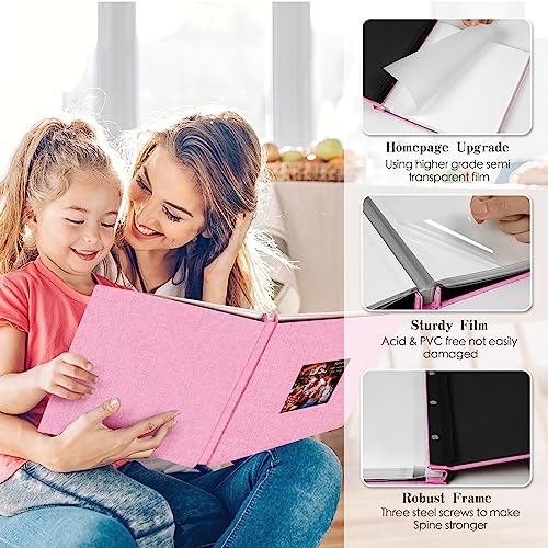 Spbapr Large Photo Album Self Adhesive 3x5 4x6 5x7 8x10 Pictures Magnetic Scrapbook 40 Blank Pages Linen Cover DIY Album with A Metal Pen - color: Pink, size: 11''x10.6''40pages