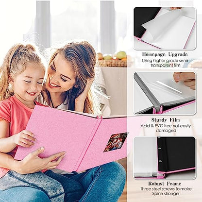 Spbapr Large Photo Album Self Adhesive 3x5 4x6 5x7 8x10 Pictures Magnetic Scrapbook 40 Blank Pages Linen Cover DIY Album with A Metal Pen - color: Pink, size: 11''x10.6''40pages