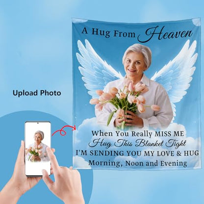 Custom Sympathy Blanket with Photo - Personalized Memorial Blanket for Departed Loss of Loved One in Loving Memory Bereavement Grief Gifts for Dad Mom Husband Wife Friend Women Men (Cloud and Wing)