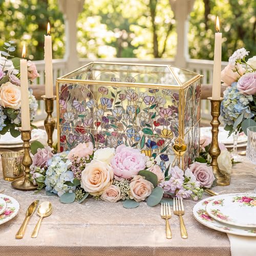 Patelai Floral Stained 12.6 Inch Large Wedding Glass Card Box with Slot | Wedding Envelope Holder for Reception Gold Card Box with Lock Decorative Baby Shower Birthday Party Bridal Shower - size: 10.43 x 5.9 x 8.46 Inches