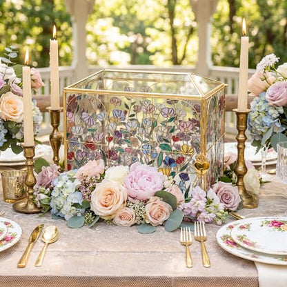 Patelai Floral Stained 12.6 Inch Large Wedding Glass Card Box with Slot | Wedding Envelope Holder for Reception Gold Card Box with Lock Decorative Baby Shower Birthday Party Bridal Shower - size: 10.43 x 5.9 x 8.46 Inches