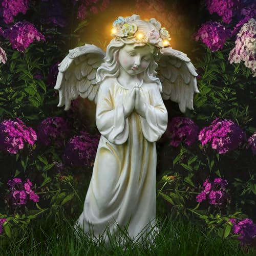 Angel Garden Statue, Memory Guardian Solar Decor with Warm Light | Waterproof Outdoor Garden Decor Praying Angel Figurine Sculpture for Lawn Yard Patio, Sympathy Present, White - style: Praying Angel