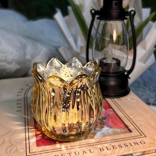 Tulip Votive Candle Holders Set of 6, Tea Light Candle Holder Glass for Table Centerpiece, Tealight Candle Holders for Wedding Déco, Birthday, Anniversary, Parties, and Holiday (Glod) - color: Glod - Set of 6