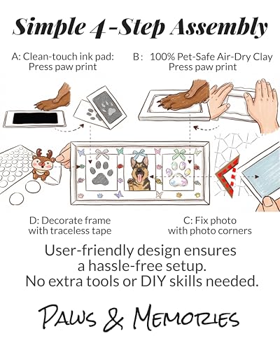 Pet Paw Print Keepsake Kit - Large High-Density MDF Wood Memorial Frame with Pet-Safe Clay & Clean-Touch Ink Pad - 3 Mats & 80+ DIY Decorations - Dog/Cat Growth Record & Pet Loss Gift, Black