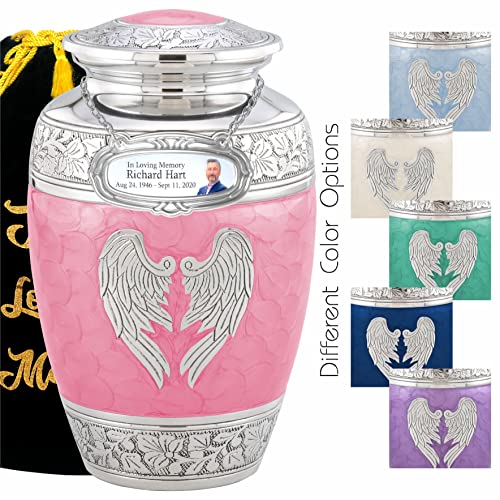 Personalized Medallion Pink Angel Wings Cremation Urns for Adult Ashes Male Female - 200lbs Burial Urns for Human Ashes - Handcrafted Funeral Decorative Urns for Ashes Adult Female with Velvet Bag - color: Pink Angel Wings Free Personalized Medallion