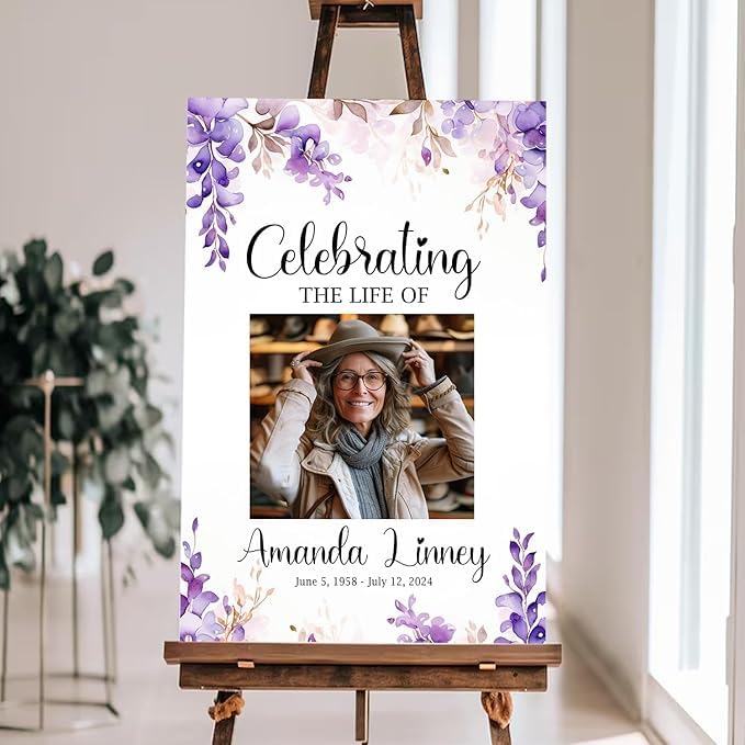Personalized Funeral Welcome Sign - Funeral Welcome Sign For Women - Purple Celebration of Life Sign - In Loving Memory Sign - Purple Flower Funeral Sign Personalized - Custom Poster, Celebration Of Life Decor - Picture Boards For Funeral
