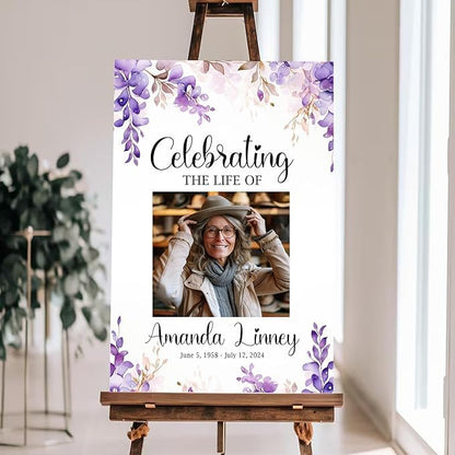 Personalized Funeral Welcome Sign - Funeral Welcome Sign For Women - Purple Celebration of Life Sign - In Loving Memory Sign - Purple Flower Funeral Sign Personalized - Custom Poster, Celebration Of Life Decor - Picture Boards For Funeral