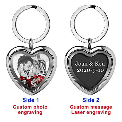 Custom Photo Text Engraved Heart Floating Living Locket Crystal Pendant Keychain - color: Red - 1 Photo Engraving+ 1 Message Engraving