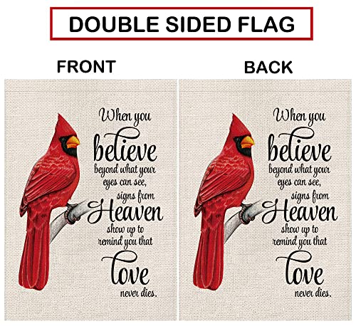 Cardinal Garden Flag Vertical Double Sided Farmhouse Burlap Yard Outdoor Decor 12.5x18 Inch-When you Believe Beyond What Your Eyes Can See Signs From Heaven Show up to Remind You that Love Never Dies