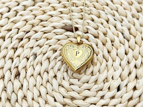 GOKING Love Heart Memory Locket Necklace Holds Pictures for Women - color: Letter P