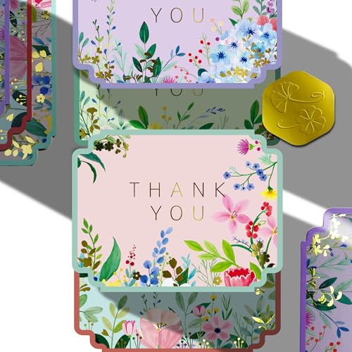 Floral Thank You Cards, Die-Cut Gold Foil, 100 Cards with Envelopes