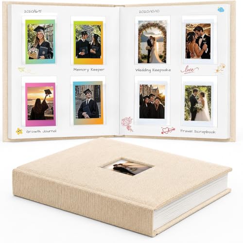 Ruibytree 128 Pockets Instax Mini Photo Album for 2x3 Pictures, Beige | Writing Space, Premium Linen Hardcover, Flat-Fit Pockets, Wedding Guest Book for Polaroid 2x3 Photos, Graduation Keepsakes - color: Beige